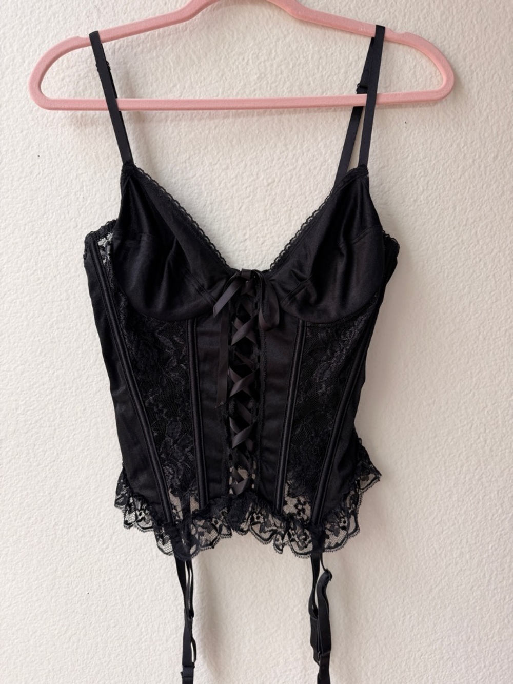 Vintage-Inspired‎ Black Lace Corset Bustier Garter Top Lace-Up Satin Gothic L
